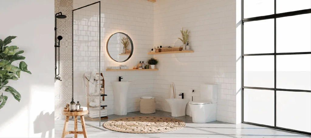 Bathroom with white wash hand basins black tapware white toilet mirror on the wall