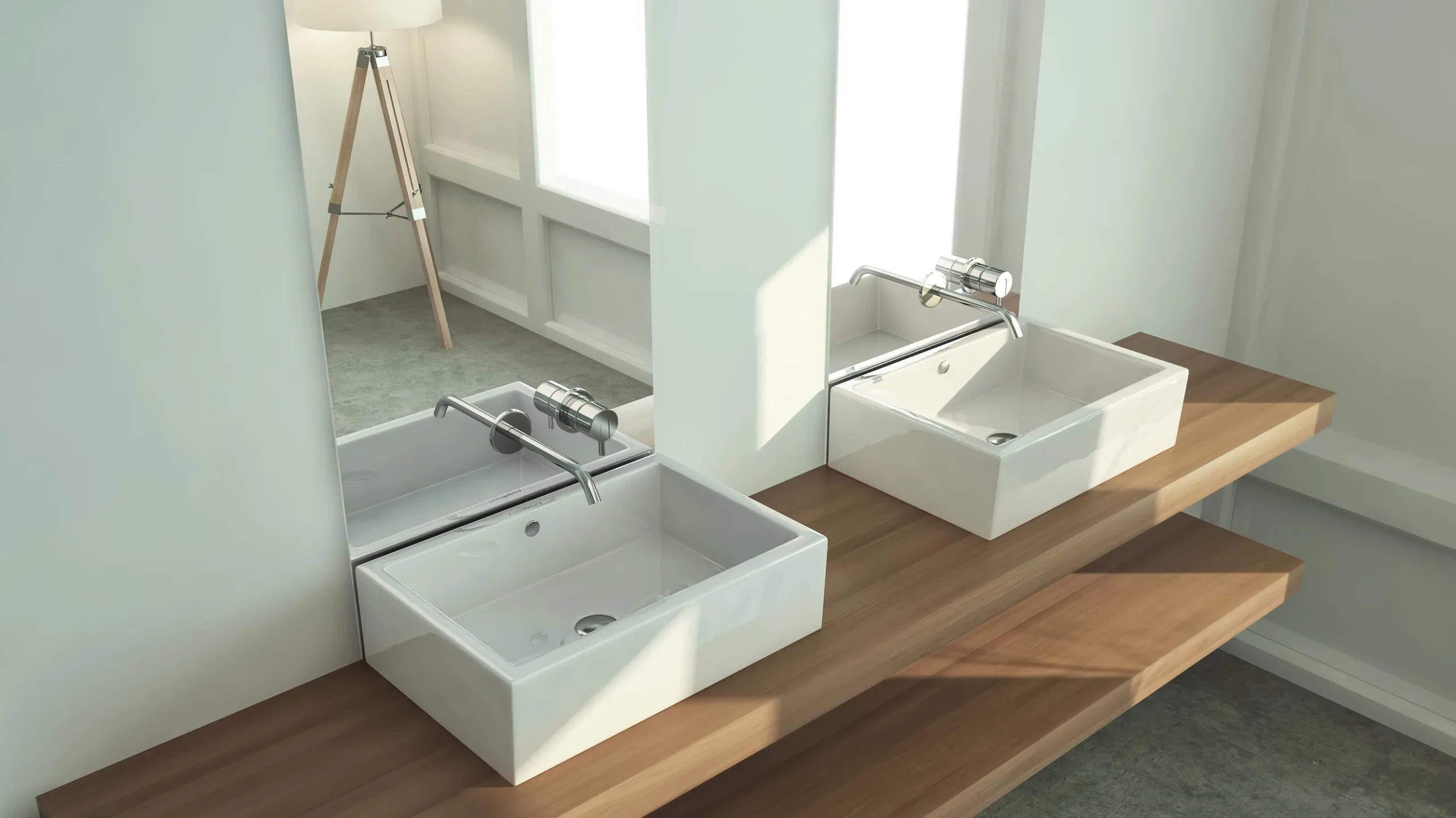 Two white basins with grey tapware and two mirrors