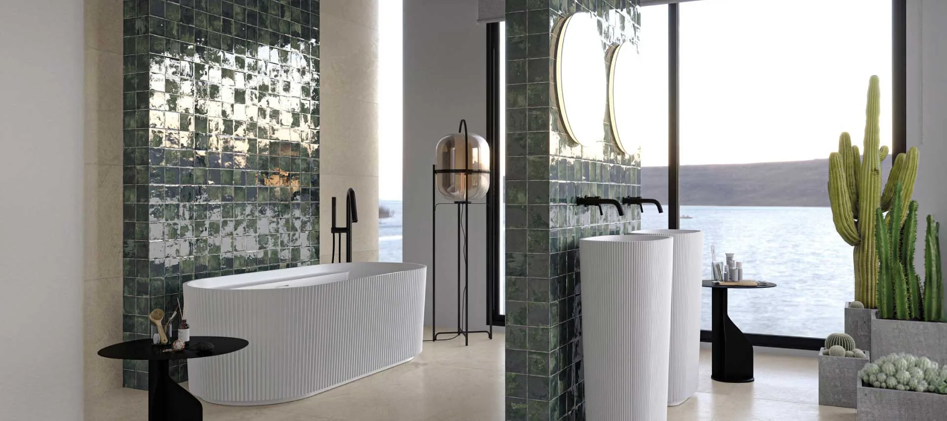 White bathtub and wash hand basins with black tapware