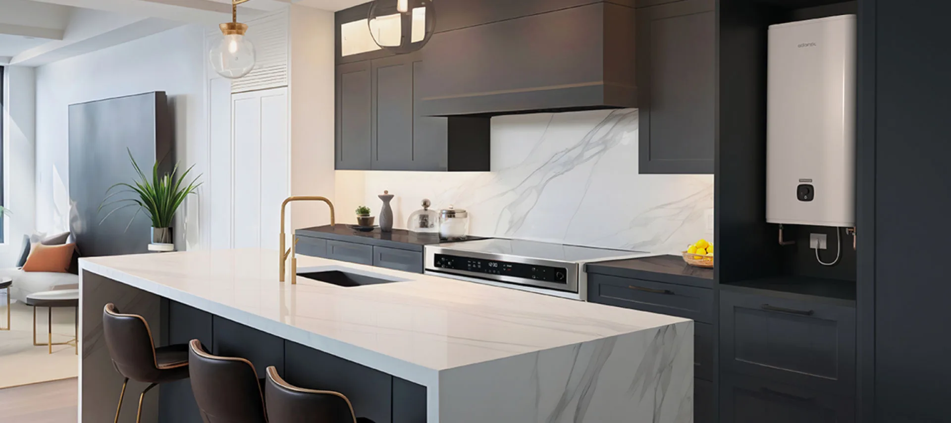 A white water heater in a kitchen