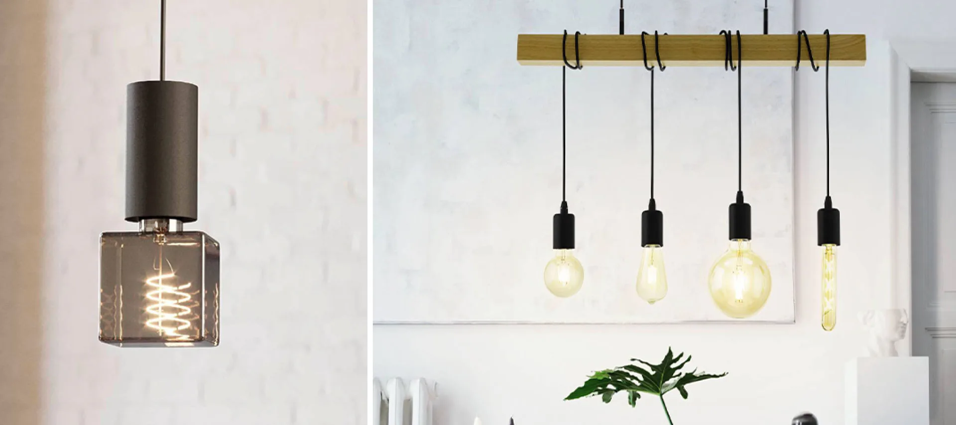 Contemporary pendant lighting with vintage Edison bulbs, including a glass pendant lamp and a wooden bar ceiling light fixture