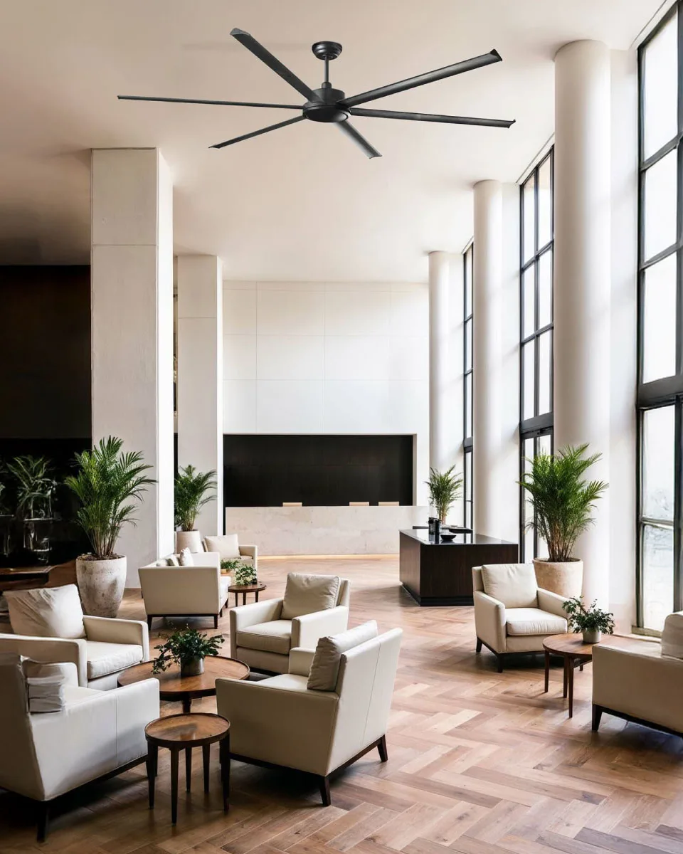 Large modern living room with black ceiling fan, tall windows, wooden floor, and minimalist seating area with armchairs and plants