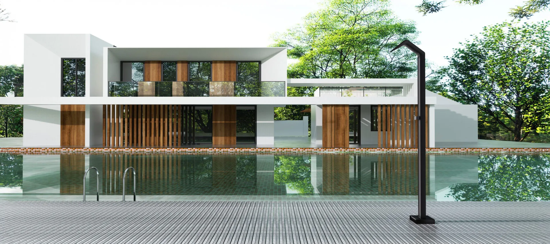 Modern luxury villa in Mauritius with a minimalist outdoor pool and integrated outdoor shower system.