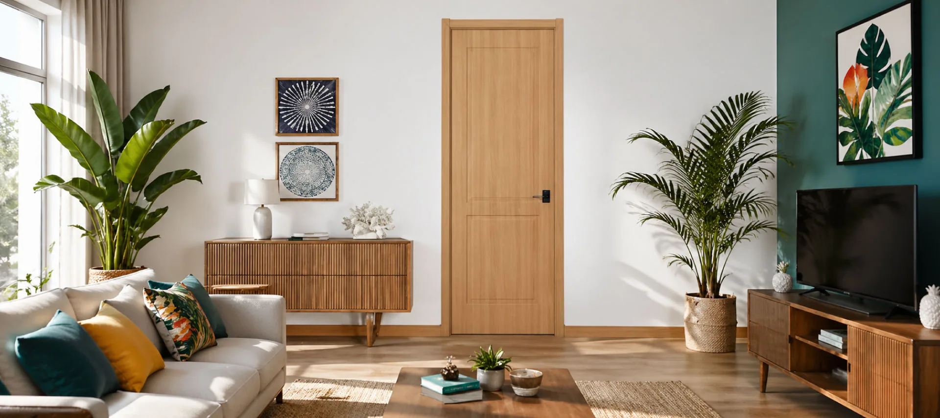Modern living room interior with wooden internal door, natural light, indoor plants, and stylish mid-century furniture.