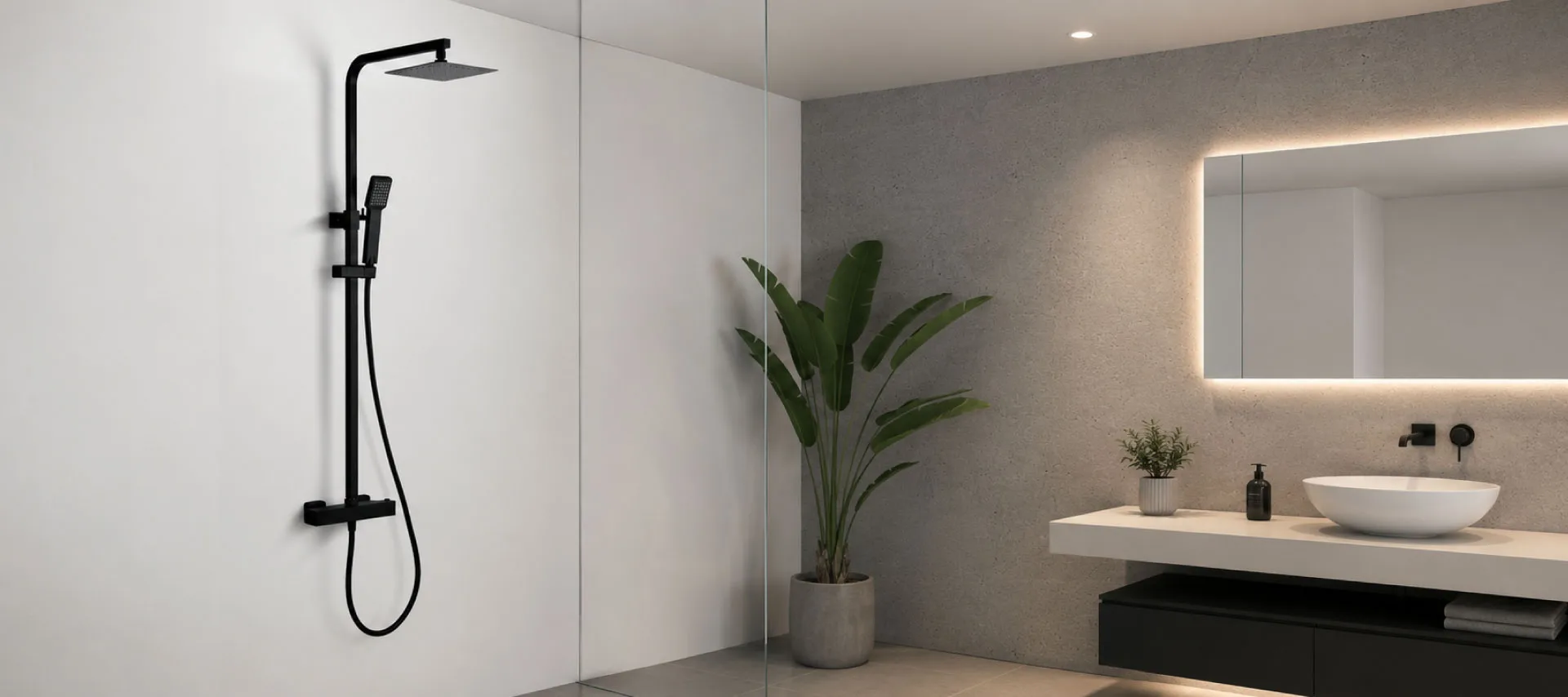 Modern matte black rainfall shower head with handheld shower in a minimalist contemporary bathroom.