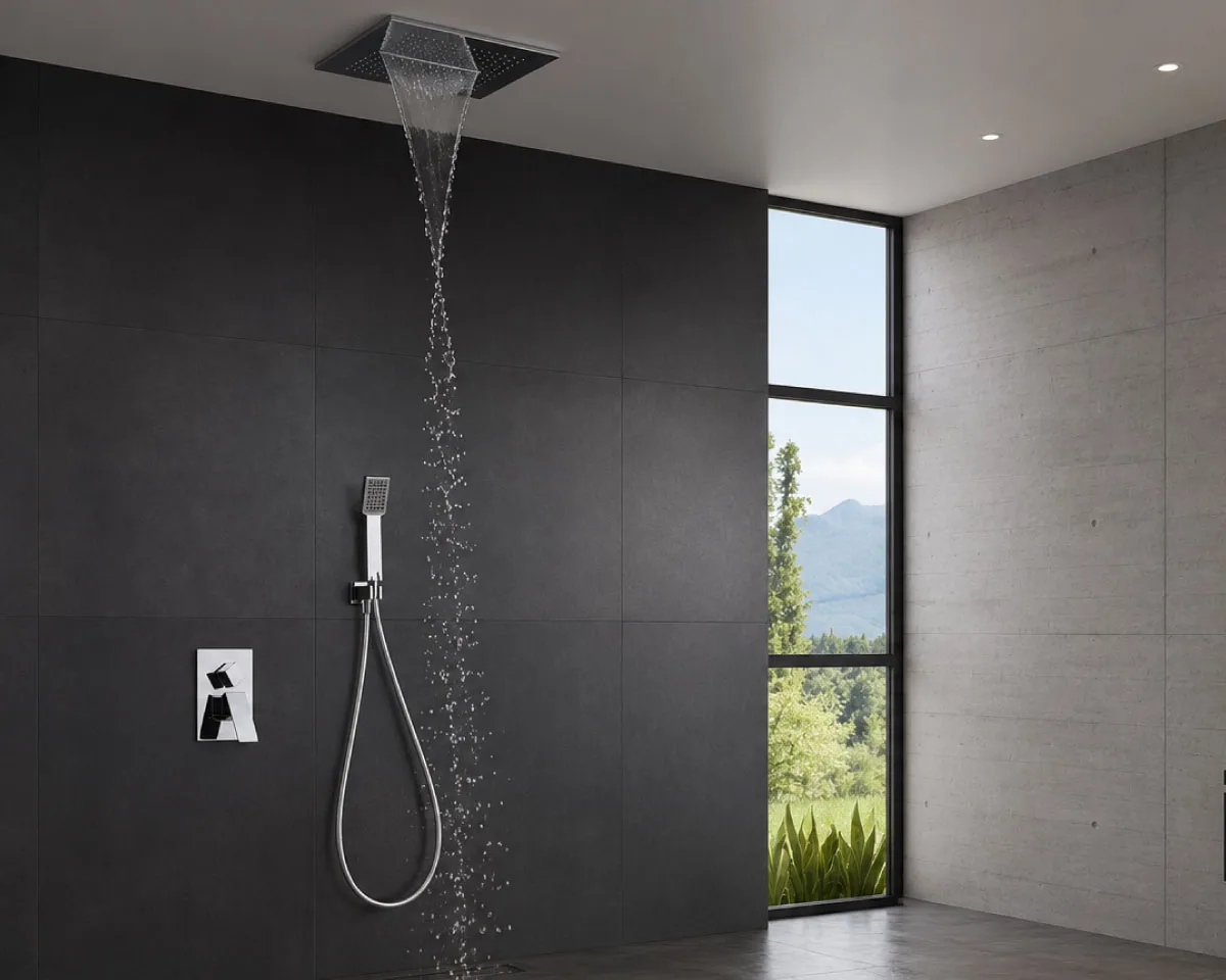 Luxury ceiling-mounted rain shower system with waterfall function and handheld shower in a contemporary bathroom featuring dark wall tiles, large floor-to-ceiling windows, and a minimalist spa-inspired design.