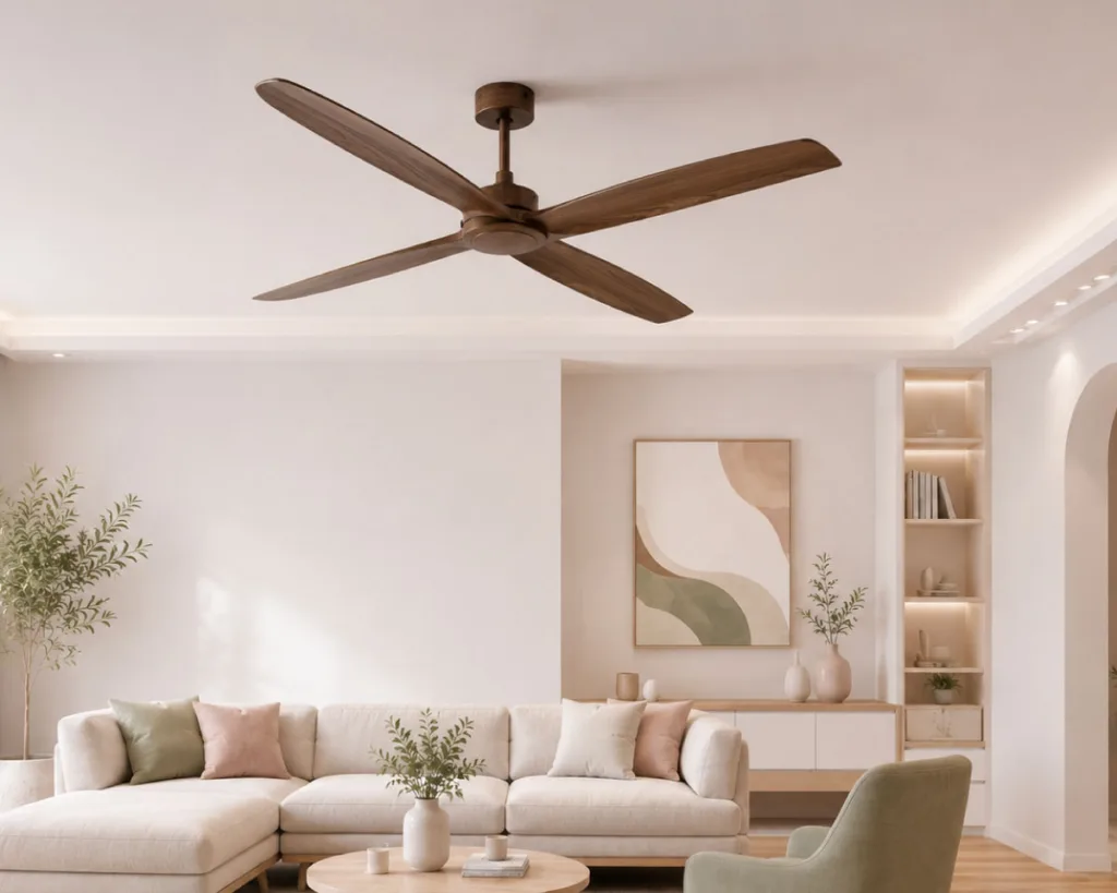 Modern minimalist living room featuring a 4-blade wood ceiling fan, light wood flooring, and soft pastel décor. The stylish wooden ceiling fan enhances airflow while complementing contemporary interior design.